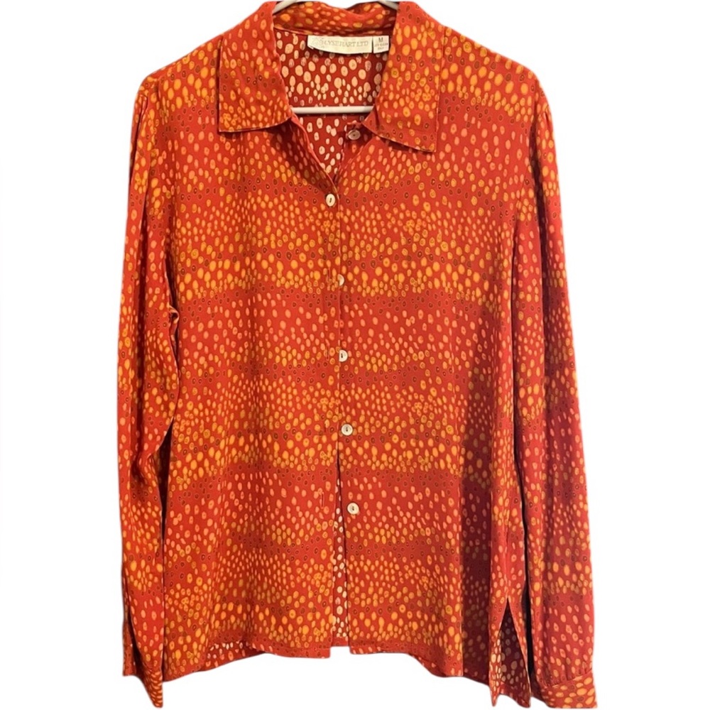 I Lyse Hart LTD Red and Orange Button-Up Shirt Mother‎ of Pearl Buttons.